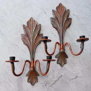 Cast Iron Candle holders Sconces, Copper and Iron Leaf 1970s Colonial Sconces, Wall Candle Holders