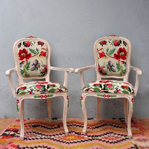 Floral Kilim Chairs, Two Armchairs Bohemian Flowers and Woodwork Bohemian Furniture Vintage Kilim, Hand painted Details, Global Textile