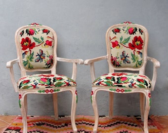 Floral Kilim Chairs, Two Armchairs Bohemian Flowers and Woodwork Bohemian Furniture Vintage Kilim, Hand painted Details, Global Textile