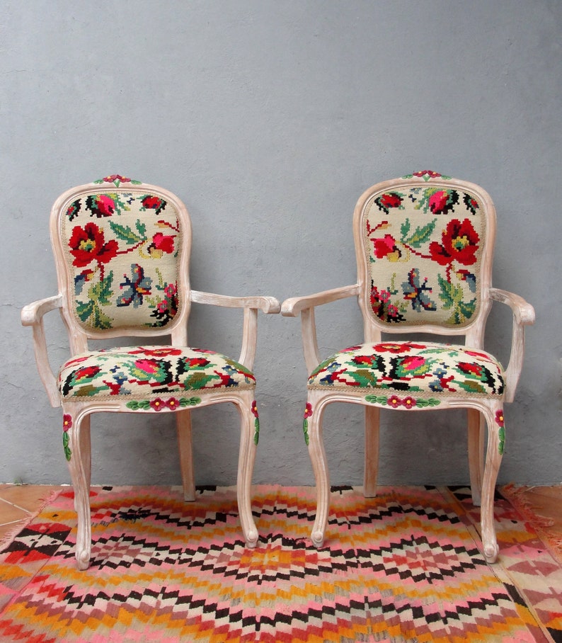 Floral Kilim Chairs, Two Armchairs Bohemian Flowers and Woodwork Bohemian Furniture Vintage Kilim, Hand painted Details, Global Textile image 1