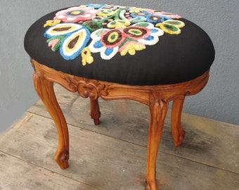 Wooden Floral Pouf Embroidered Stool Ottoman Pouf Romantic Style Wooden Furniture Vintage Embroidery