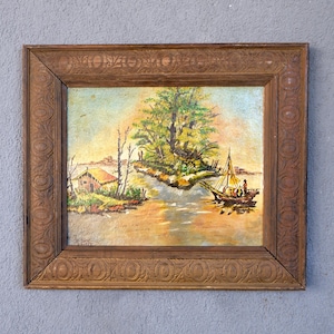 Original Landscape Painting by B. Yücel, 1987 Abstract Boats, Sea, Nautical Painting, Turkey, Signed Artwork, Framed