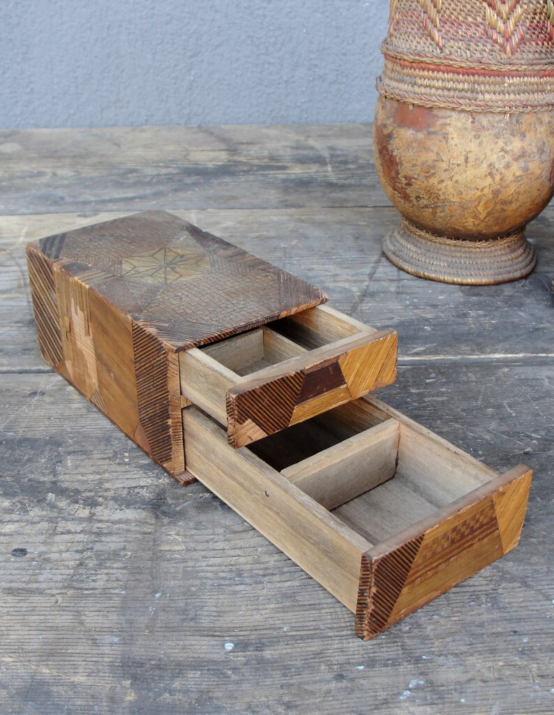 Vintage Wooden Wicker Decorative Pieces, Wood, Woven Bowl, Marquetry Box, Handmade wicker Bottle, 1950's image 4