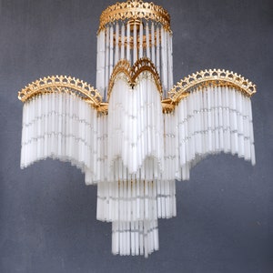 Retro Glass Fringe Chandelier, Art Deco Style, Ceiling Pendant Light, Glass Stick Chandelier,  White and Gold Lamp 1980s