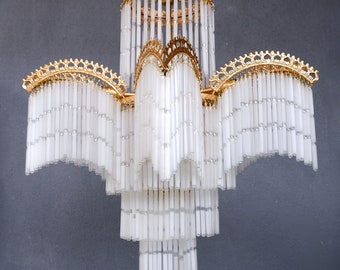 Retro Glass Fringe Chandelier, Art Deco Style, Ceiling Pendant Light, Glass Stick Chandelier,  White and Gold Lamp 1980s