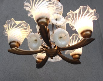 Murano Glass Floral Lamp, Brass chandelier, Ceiling Light, Chandelier Lamp,  Vintage Colonial Style Lamp 1970s