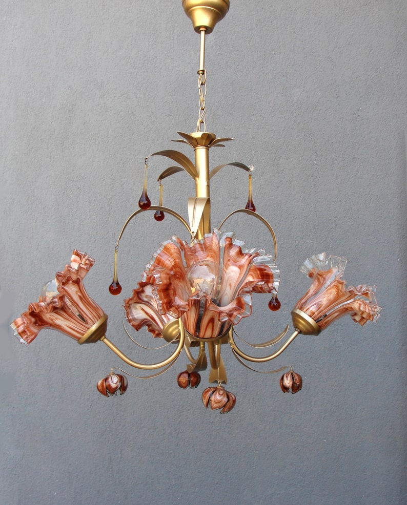 Murano Bouquet Lamp, Glass Floral Lamp, Caramel Brown Brass chandelier, Ceiling Light, Chandelier Lamp, Vintage Handmade Glass Lamp 1960s image 4