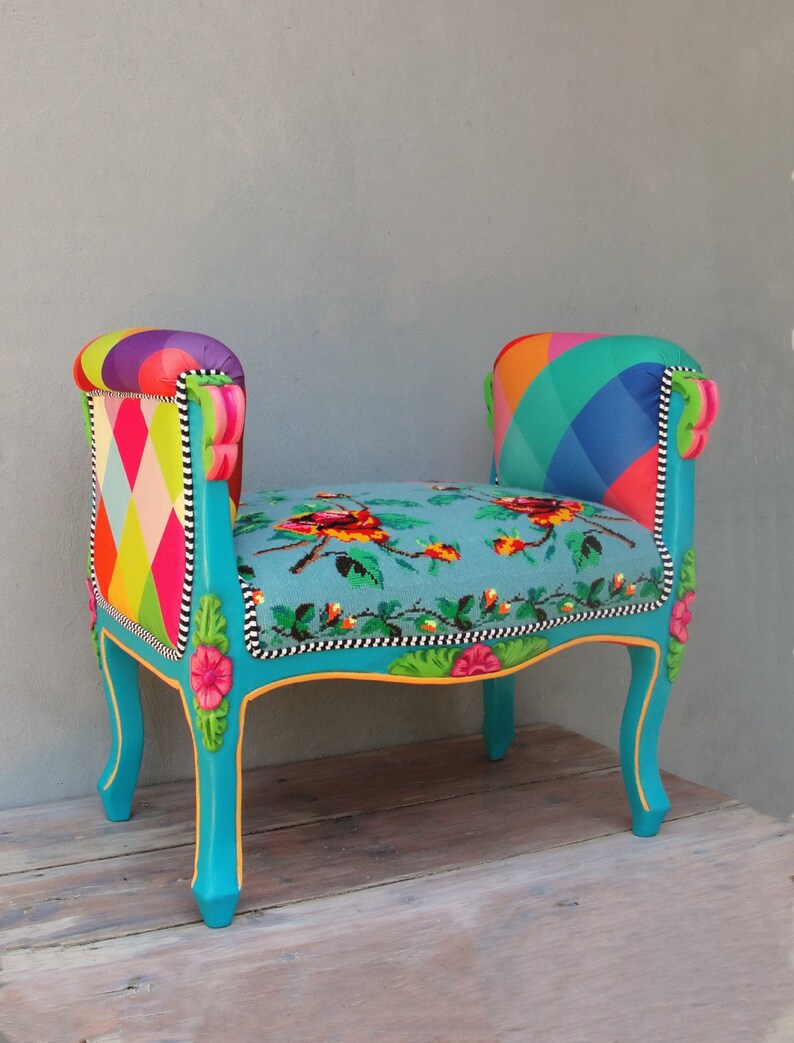 Rainbow Bench Bohemian Vanity Chair Embroidered Flower Power Etsy