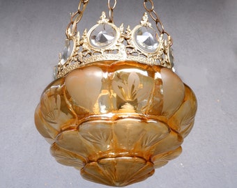 Honey Glass Ceiling Lamp, Brass chandelier, Ceiling Light, Chandelier Lamp with Crystals,  Vintage Colonial Lamp 1950s