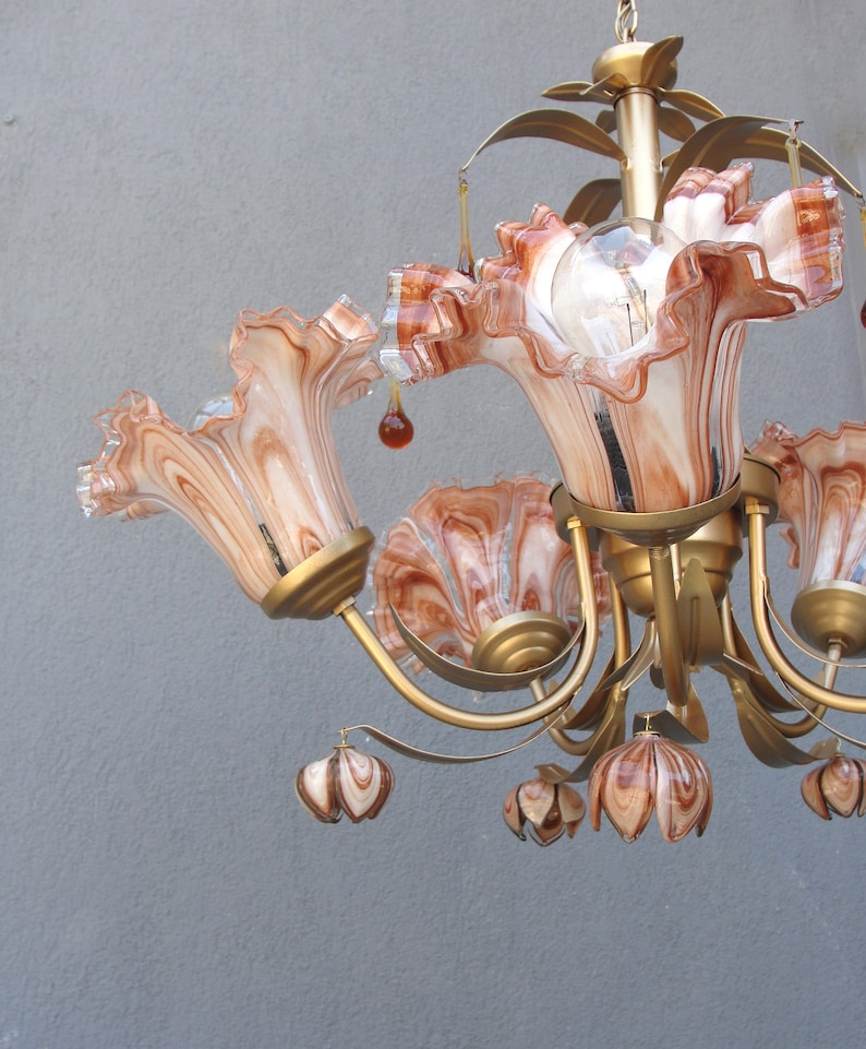 Murano Bouquet Lamp, Glass Floral Lamp, Caramel Brown Brass chandelier, Ceiling Light, Chandelier Lamp, Vintage Handmade Glass Lamp 1960s image 10