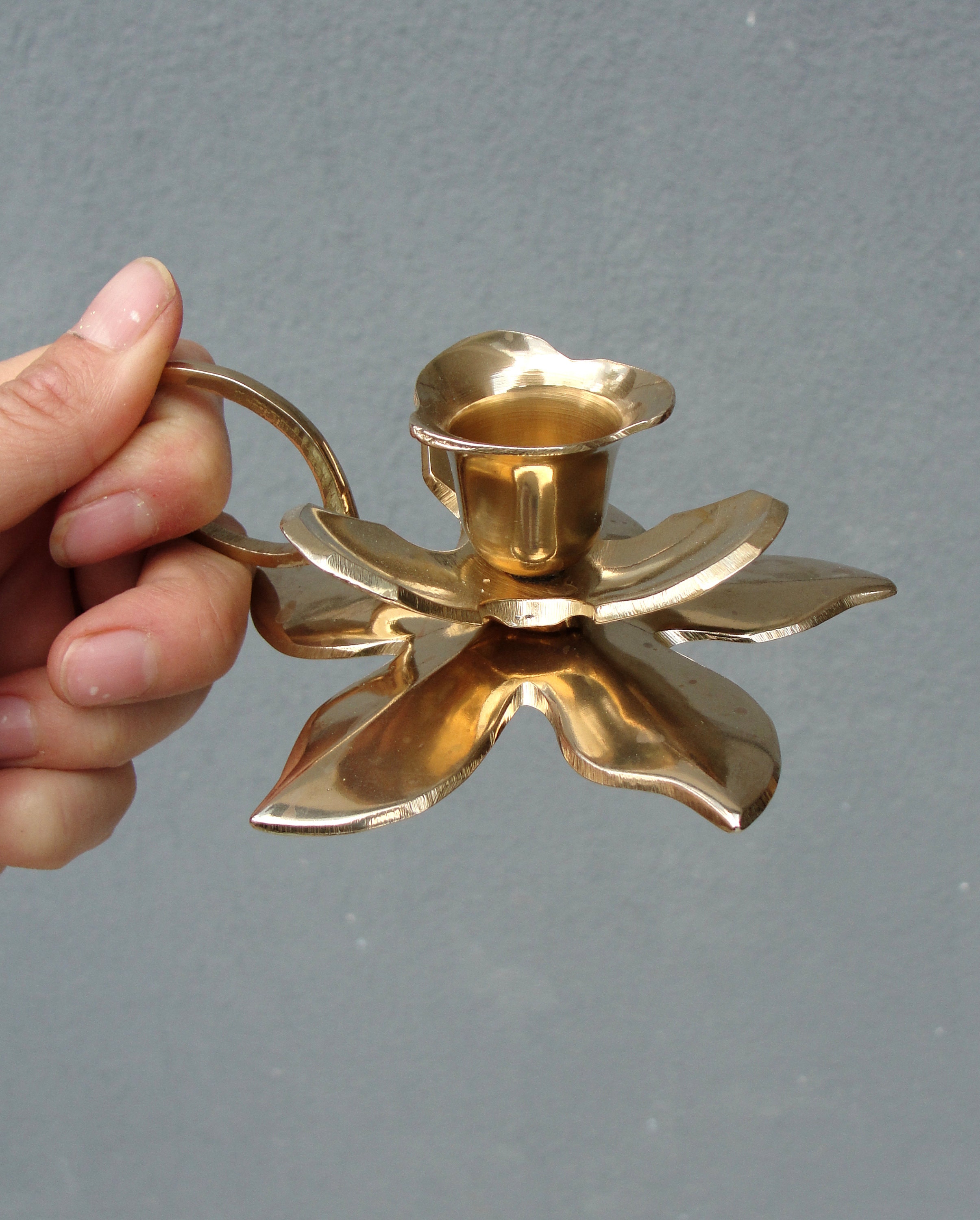 Vintage Brass Candleholders, Midcentury Flower Brass Abstract Candle Holders,  1960s 