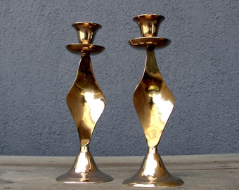 Vintage Brass Candleholders, Midcentury Style Brass Abstract Candle Holders, made in India, 1970's