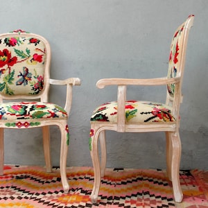 Floral Kilim Chairs, Two Armchairs Bohemian Flowers and Woodwork Bohemian Furniture Vintage Kilim, Hand painted Details, Global Textile image 4