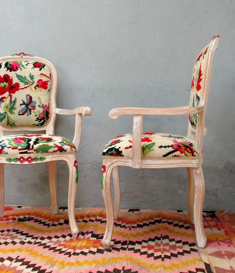 Floral Kilim Chairs, Two Armchairs Bohemian Flowers and Woodwork Bohemian Furniture Vintage Kilim, Hand painted Details, Global Textile image 4