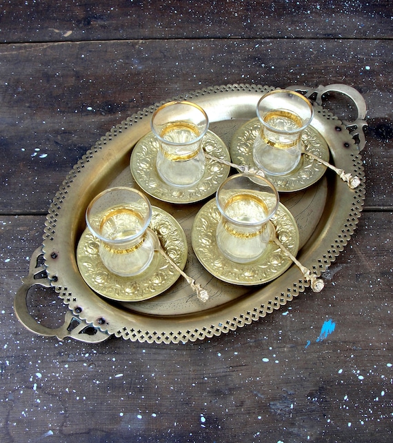 Vintage Turkish Brass Tea Set, Brass Roses Teacups, Saucers, Spoons and  Tray Set, Made in Turkey, Glass and Brass, Vintage 1960s 