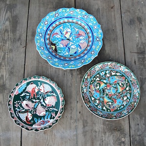 Vintage Ceramic Fish Patterned Earthenware Wall plates, Hand Painted Pottery from Turkey Kutahya, Home decor, Blue Nautical, Vintage  1980s