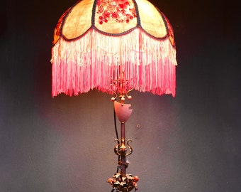 Wrought Iron Standing Lamp with Embroidered Lampshade, Fringe Bohemian Atmosphere Lamp,  Lighting, Vintage 1920s Decor, Vintage 1920s