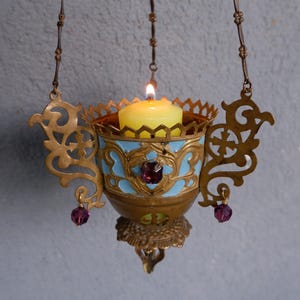 Antique Church Chandelier, Candle Holder, Brass and Enamel, Eglise (Church) Chandelier, Incense Burner, Ceiling Light, early 1900s