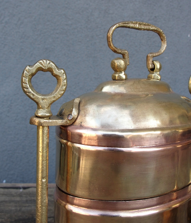 Vintage Food container, Coffee pot, Salt & Pepper, Brass Kitchenware, Tiffin, Vintage Brass Compartments, Lunch Box, Food Container, 1940s image 3