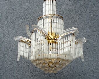 Retro Glass Fringe Chandelier, Art Deco Style, Ceiling Pendant Light, Glass Stick Chandelier,  White and Gold Lamp 1980s