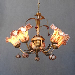 Murano Bouquet Lamp, Glass Floral Lamp, Caramel Brown Brass chandelier, Ceiling Light, Chandelier Lamp,  Vintage Handmade Glass Lamp 1960s