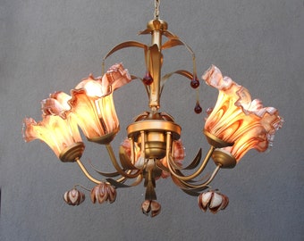 Murano Bouquet Lamp, Glass Floral Lamp, Caramel Brown Brass chandelier, Ceiling Light, Chandelier Lamp,  Vintage Handmade Glass Lamp 1960s