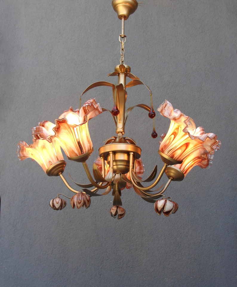 Murano Bouquet Lamp, Glass Floral Lamp, Caramel Brown Brass chandelier, Ceiling Light, Chandelier Lamp, Vintage Handmade Glass Lamp 1960s image 1
