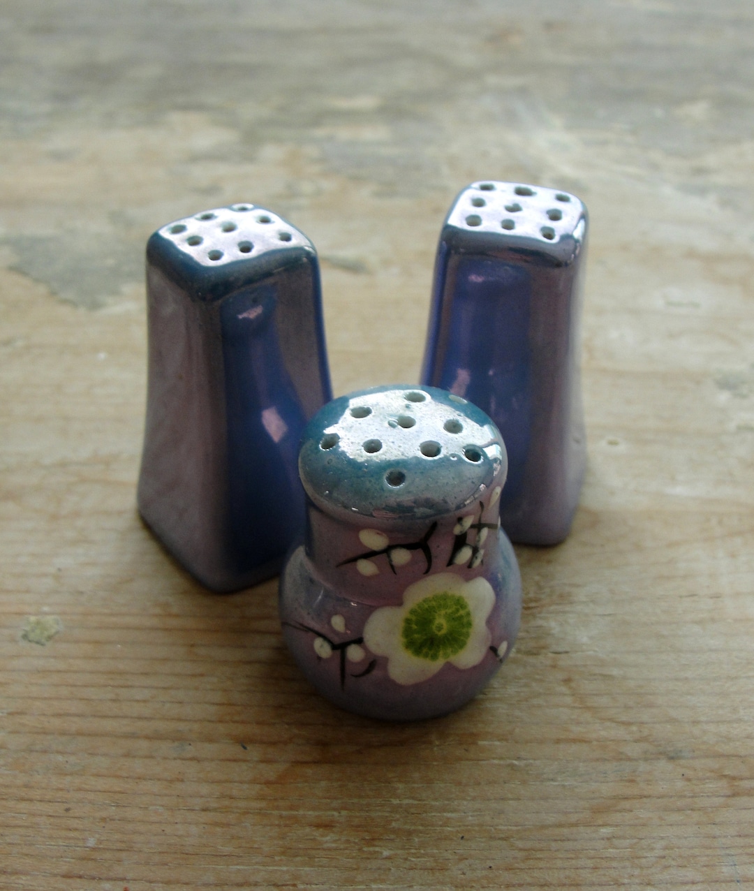 Vintage Japanese Salt Pepper Shakers Set, Floral, Blue