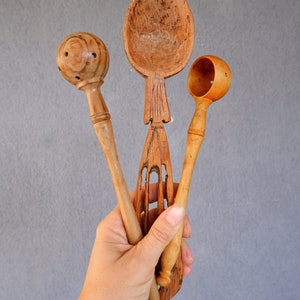 Vintage Wooden Spoons, Olive Spoons, Handmade handcarved Spoon, Set of Three pieces, Made in Turkey 1950s 80s image 1