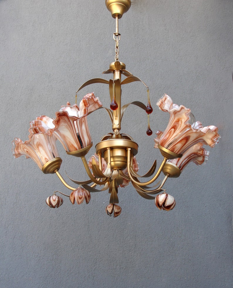 Murano Bouquet Lamp, Glass Floral Lamp, Caramel Brown Brass chandelier, Ceiling Light, Chandelier Lamp, Vintage Handmade Glass Lamp 1960s image 2