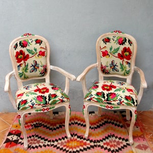 Floral Kilim Chairs, Two Armchairs Bohemian Flowers and Woodwork Bohemian Furniture Vintage Kilim, Hand painted Details, Global Textile image 2