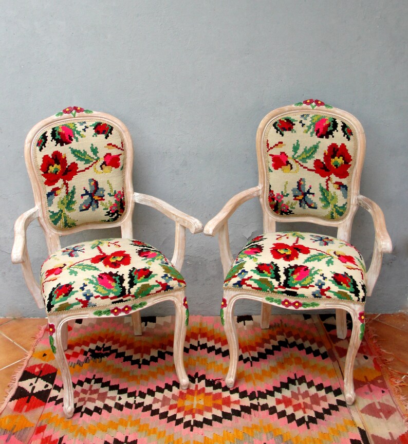 Floral Kilim Chairs, Two Armchairs Bohemian Flowers and Woodwork Bohemian Furniture Vintage Kilim, Hand painted Details, Global Textile image 2