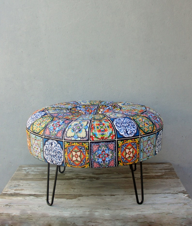 Bohemian Tile Pattern Ottoman, Hair Pin Legs Ottoman, Round Pouf