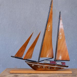 Wooden Sailboat, Nautical Decor, Vintage Wooden Boat Sculpture, Sea Art, Captain Gift 1970s