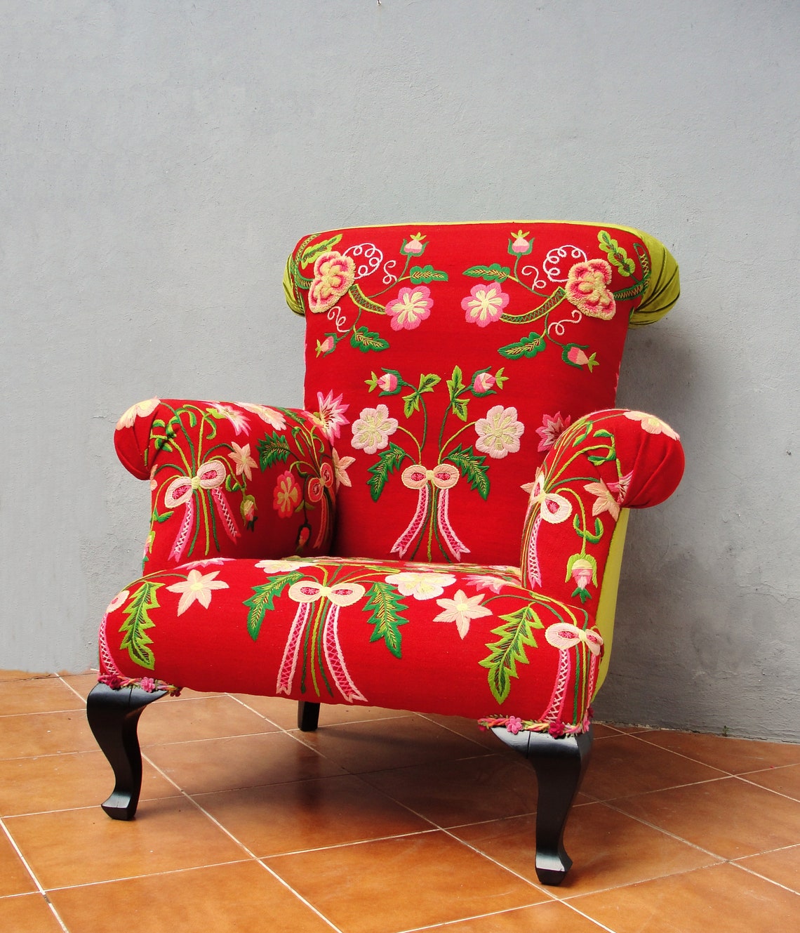 Floral Bergere Chair Embroidered Armchair Flowers and Bows Etsy