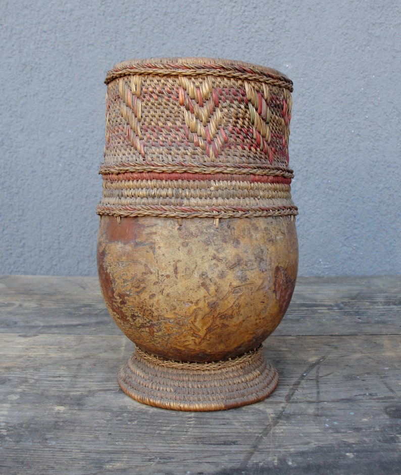 Vintage Wooden Wicker Decorative Pieces, Wood, Woven Bowl, Marquetry Box, Handmade wicker Bottle, 1950's image 5