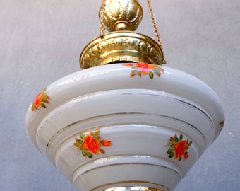 Rise and Fall chandelier, Floral Rose Glass, Pulley Counterweight Ceiling Light, Chandelier Lamp,  Vintage Up and Down Lamp