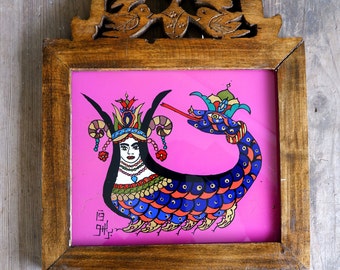 Shahmaran Reverse Painting 1980s, Turkish Mythology, Shahmaran Snake Woman Humanoid Framed Art work Wall art, Anatolian Culture Snake Queen