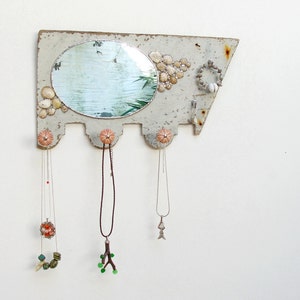 Sea Mirror and Jewelry Storage Rack Holder, Driftwood Mirror Soldered Limpet Shells, Metal, Driftwood, Sea Urchins and Mirror image 6