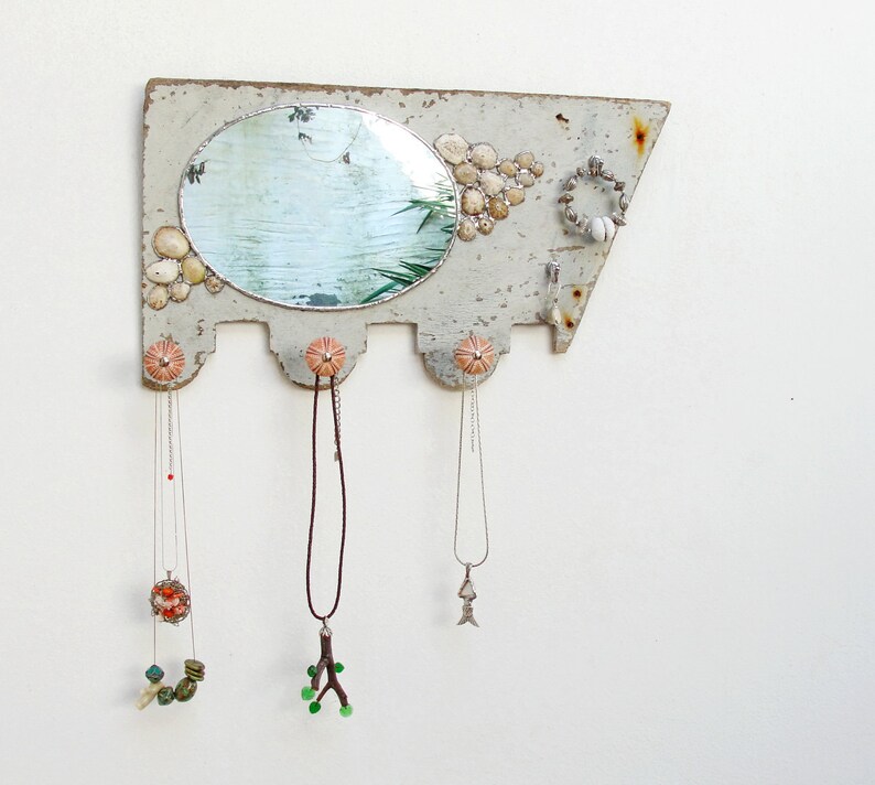 Sea Mirror and Jewelry Storage Rack Holder, Driftwood Mirror Soldered Limpet Shells, Metal, Driftwood, Sea Urchins and Mirror image 6