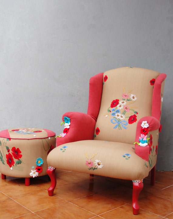 Embroidered Armchair With Matching Ottoman Daisies and Poppies