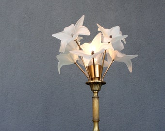 Frosted Murano Flower Table Lamp, Handmade Glass and Brass Lamp,  Bohemian Lighting, Floral Lamp, Vintage Brass Decor, Vintage 1960's