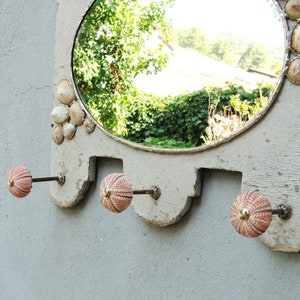 Sea Mirror and Jewelry Storage Rack Holder, Driftwood Mirror Soldered Limpet Shells, Metal, Driftwood, Sea Urchins and Mirror image 7