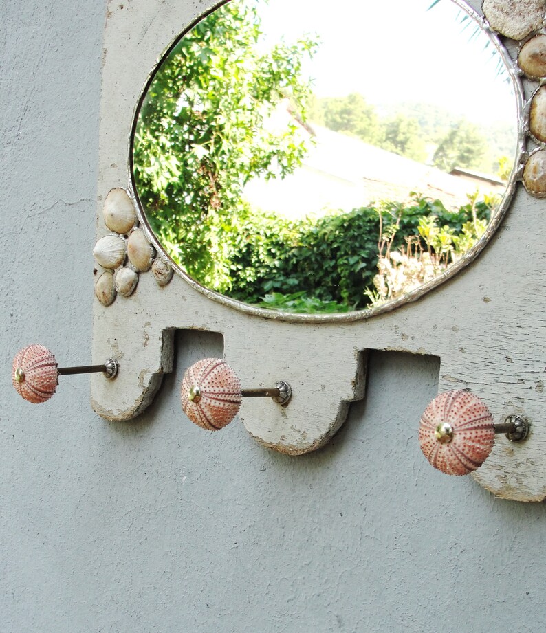 Sea Mirror and Jewelry Storage Rack Holder, Driftwood Mirror Soldered Limpet Shells, Metal, Driftwood, Sea Urchins and Mirror image 7