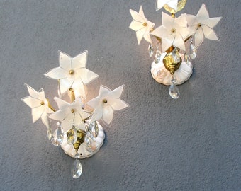 Floral Murano Sconces, Murano Glass Flowers Lamps, Vintage Brass Wall Lights,  1970s Sconces,  Lighting, Vintage Brass Decor