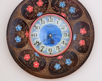 Copper Clock, Handmade Etched Copper with hand Painted Details, Vintage 1960s