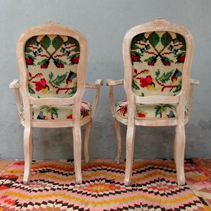 Floral Kilim Chairs, Two Armchairs Bohemian Flowers and Woodwork Bohemian Furniture Vintage Kilim, Hand painted Details, Global Textile image 5