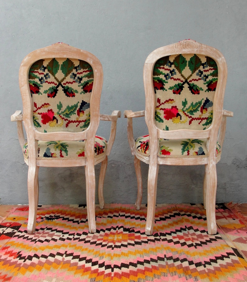 Floral Kilim Chairs, Two Armchairs Bohemian Flowers and Woodwork Bohemian Furniture Vintage Kilim, Hand painted Details, Global Textile image 5