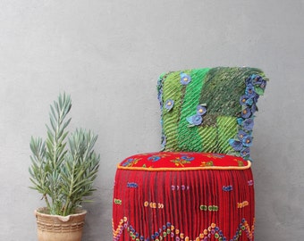 Bohemian Vanity Chair Embroidered Flower Power Vanity Stool Boho Furniture Vintage Embroidery Crocheted Flowers and Leaes