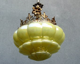 Yellow Glass Ceiling Lamp, Brass chandelier, Ceiling Light, Chandelier Lamp,  Vintage Colonial Lamp 1950s